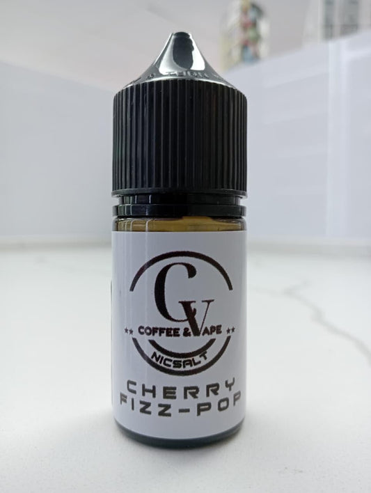 Vape juice bottle labeled 'Cherry Fizz Pop' by Coffee Vape on a white background