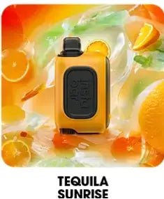 Insta Bar 20K Puffs Tequila Sunrise flavor disposable vape on orange citrus background