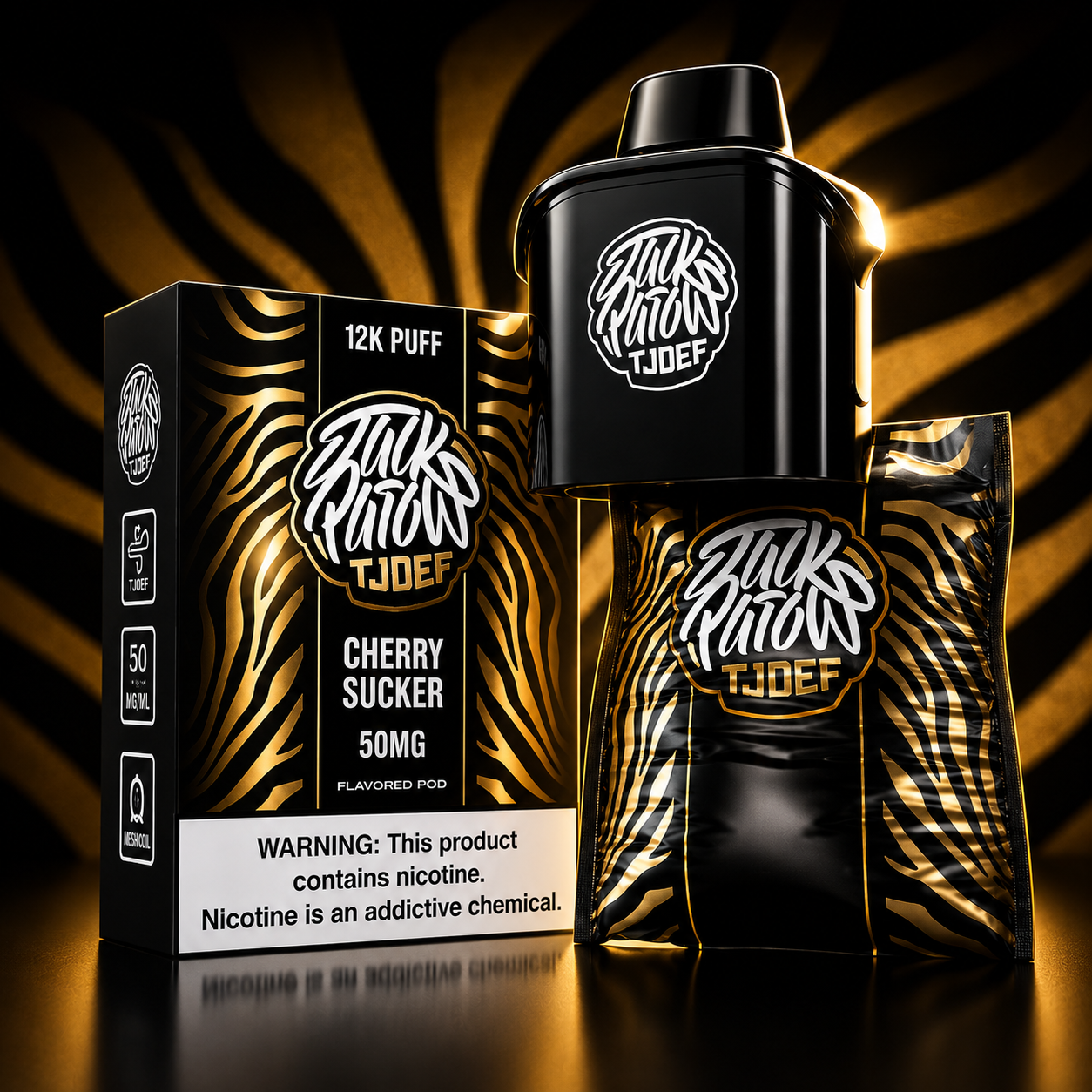 Jack Parow Tjoef 12K Puff 50MG Bubblegum Melkie flavoured pod with blue snakeskin packaging and device