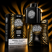 Jack Parow Tjoef 12K Puff 50MG Cherry Sucker flavoured pod with black and gold zebra packaging and device