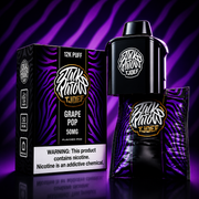 Jack Parow Tjoef 12K Puff 50MG Grape Pop flavoured pod with purple zebra packaging and device