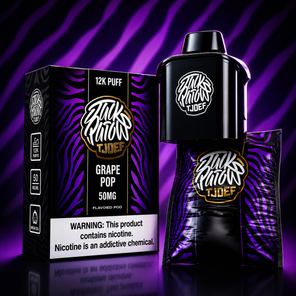 Jack Parow Tjoef 12K Puff 50MG Grape Pop flavoured pod with purple zebra packaging and device