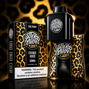 Jack Parow Tjoef 12K Puff 50MG Lychee Juice flavoured pod with gold leopard packaging and device