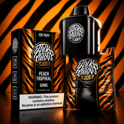 Jack Parow Tjoef 12K Puff 50MG Peach Tropikal flavoured pod with orange tiger stripe packaging and device