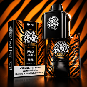 Jack Parow Tjoef 12K Puff 50MG Peach Tropikal flavoured pod with orange tiger stripe packaging and device