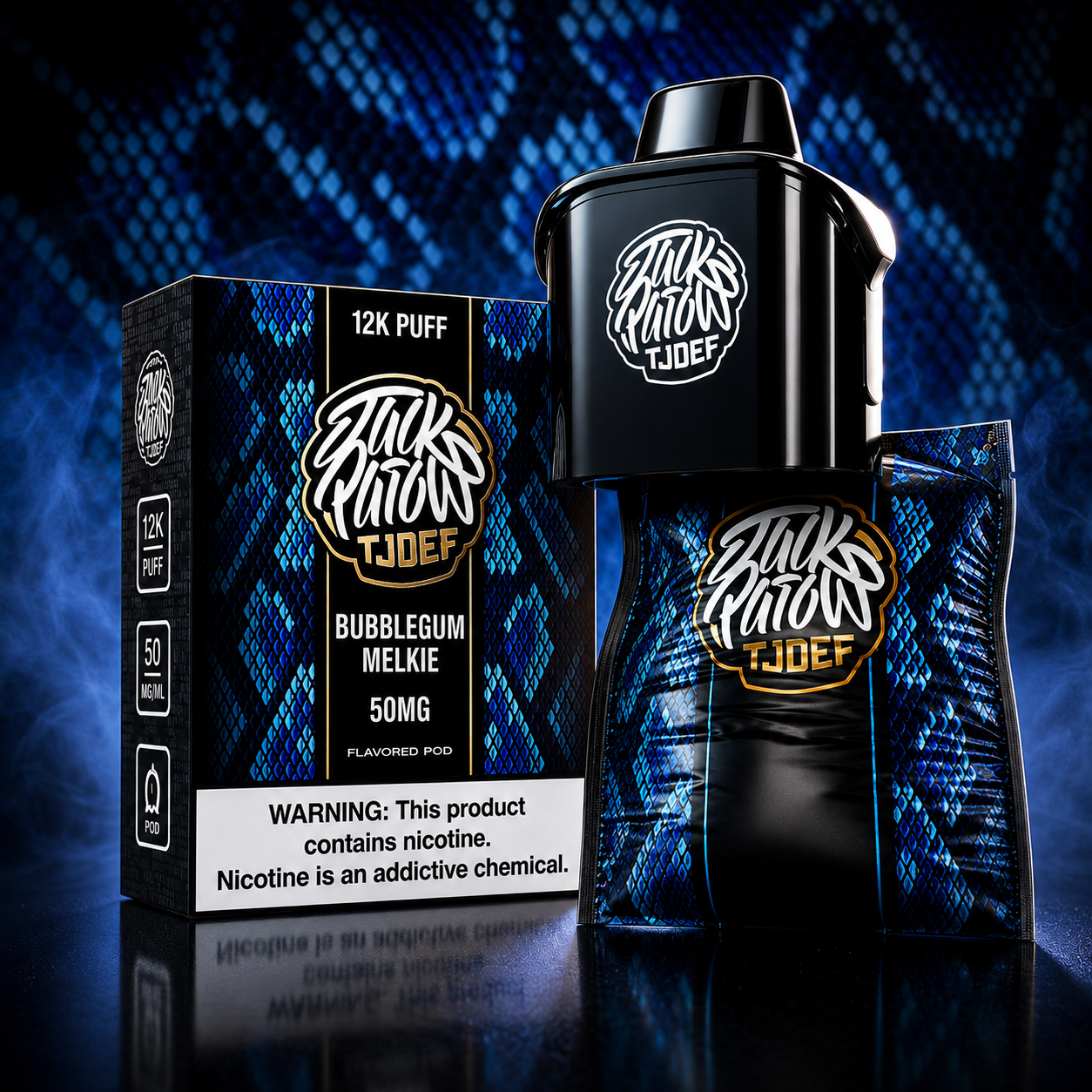 Jack Parow Tjoef 12K Puff 50MG Bubblegum Melkie flavoured pod with blue snakeskin packaging and device