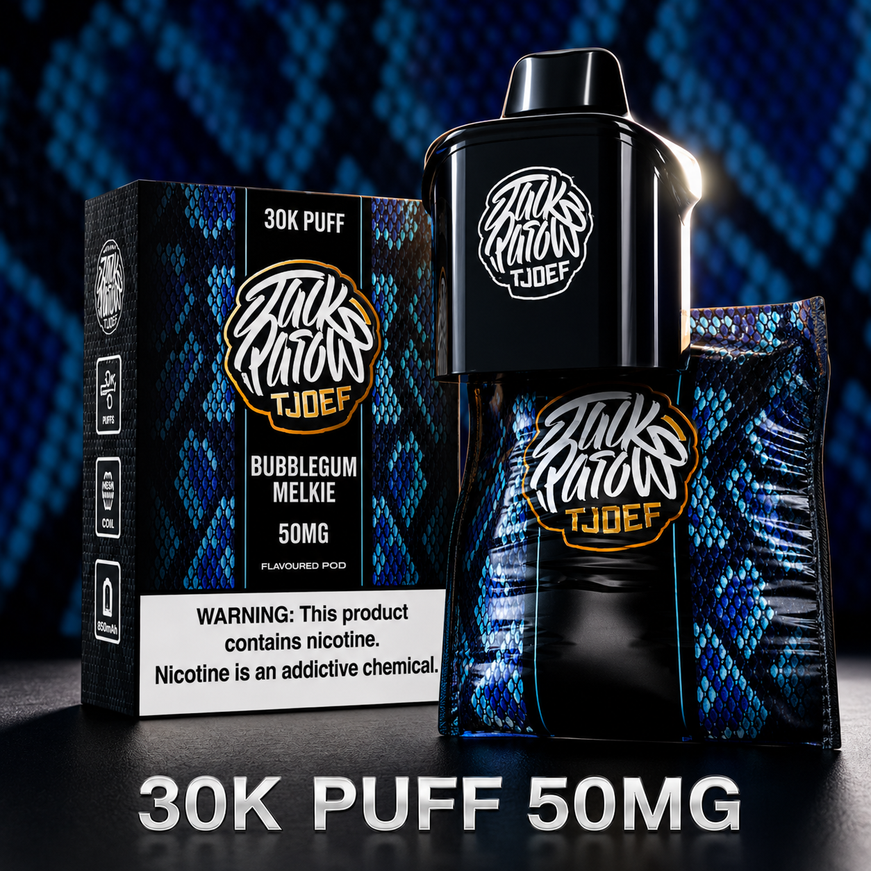 Jack Parrow JTJOEF 30K Puff 50MG Bubblegum Melkie vape with blue snakeskin packaging and device