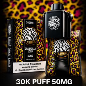 Jack Parrow JTJOEF 30K Puff 50MG Granadilla Lolly vape with yellow leopard packaging and device
