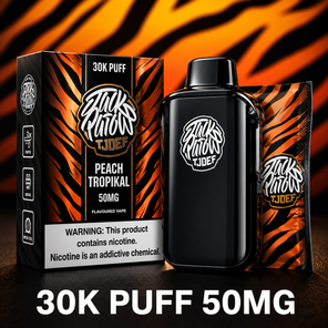 Jack Parrow JTJOEF 30K Puff 50MG Peach Tropikal vape with orange tiger stripe packaging and device