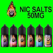 Assorted Local Vape Juices bottles labeled Nic Salts 50mg displayed on bright green background