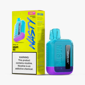 Blue and pink vape with yellow box Nasty Bar DX1.2K disposable vape in blue and pink dual-tone flavor beside yellow packaging