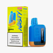 Red and blue vape with yellow box -Nasty Bar DX1.2K disposable vape in red and pink fruit flavor beside yellow box