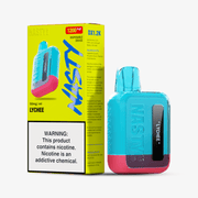 Aqua-blue vape with yellow box
Nasty Bar DX1.2K disposable vape in aqua mint flavor beside yellow packaging
