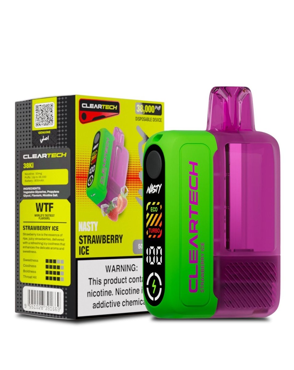 Green vape device with red top and Cleartech branding, next to its packaging on a white background. Nasty Cleartech 38k