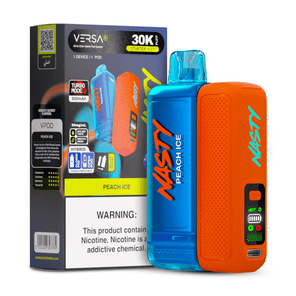 Nasty VERSA 30k - Orange and blue vape device with 'Nasty' branding next to its packaging on a white background