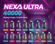 Nexa Ultra 40000 disposable vape lineup in multiple colors on purple background