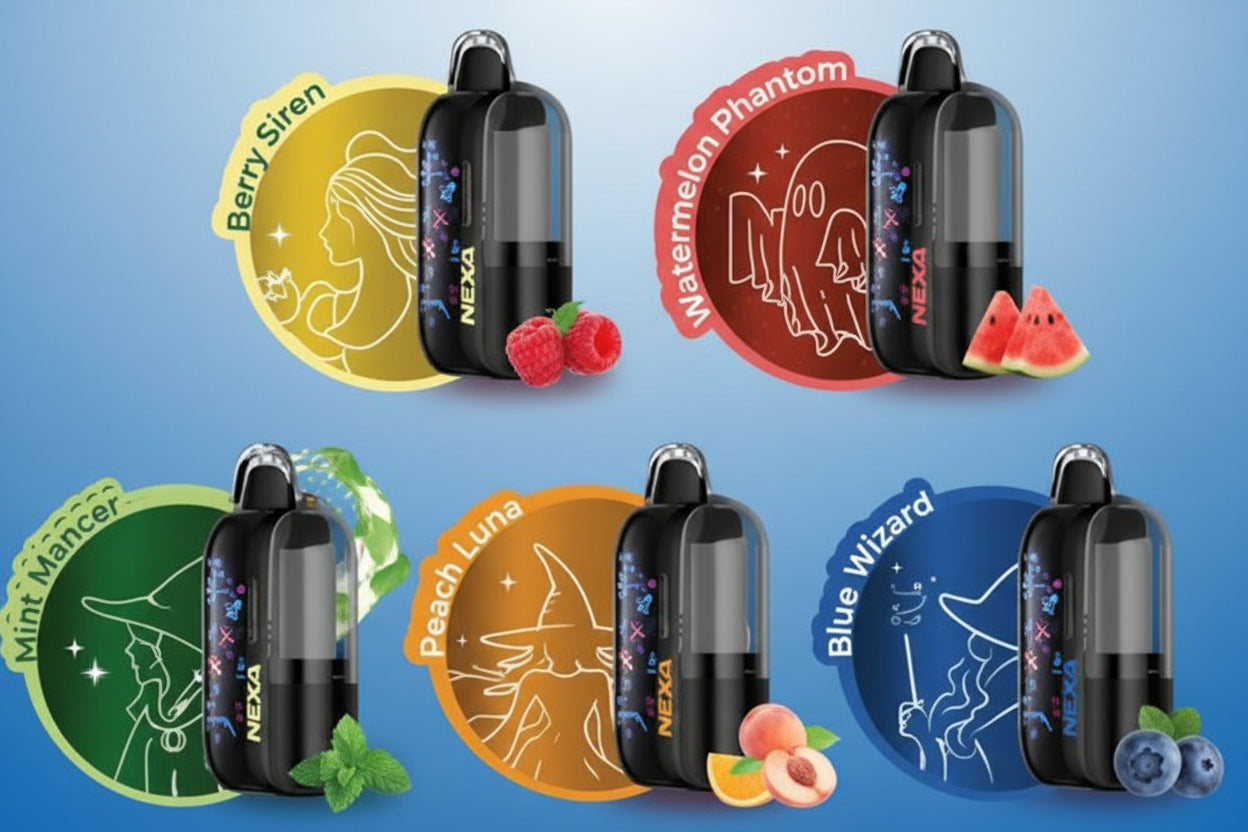 Collection of vape devices with colorful labels on a blue background