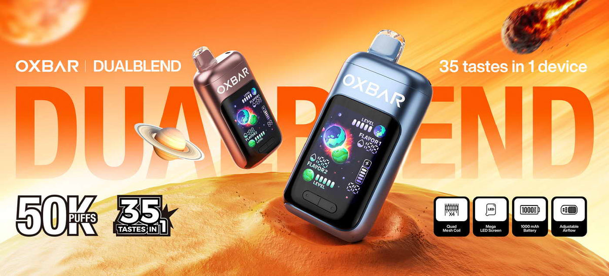 OXBAR DualBlend 50K features - 35 tastes, 1000mAh battery, display and adjustable airflow