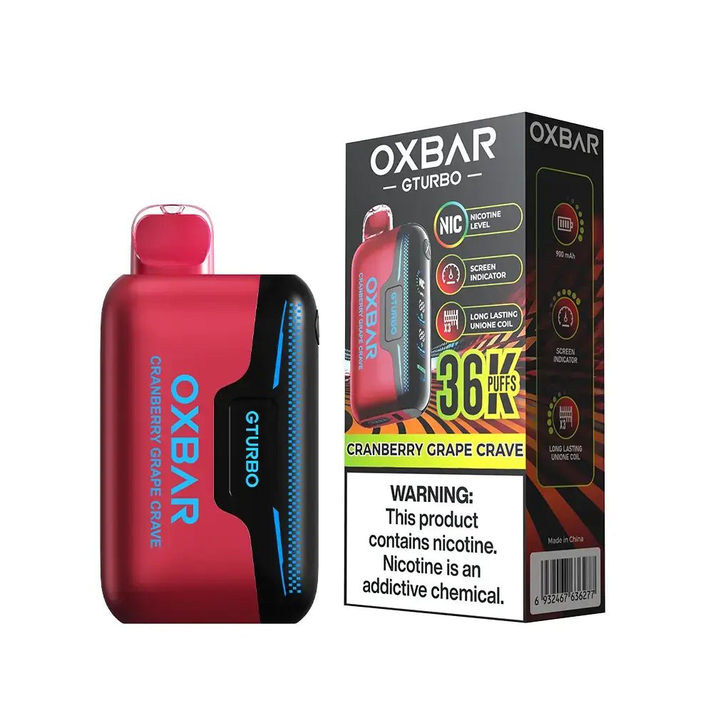 Oxbar Gturbo 36K disposable vape in red color displayed with product box