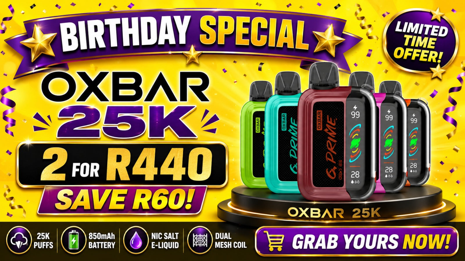 Oxbar GPrime 25K - Buy 2 for R440 | Save R60