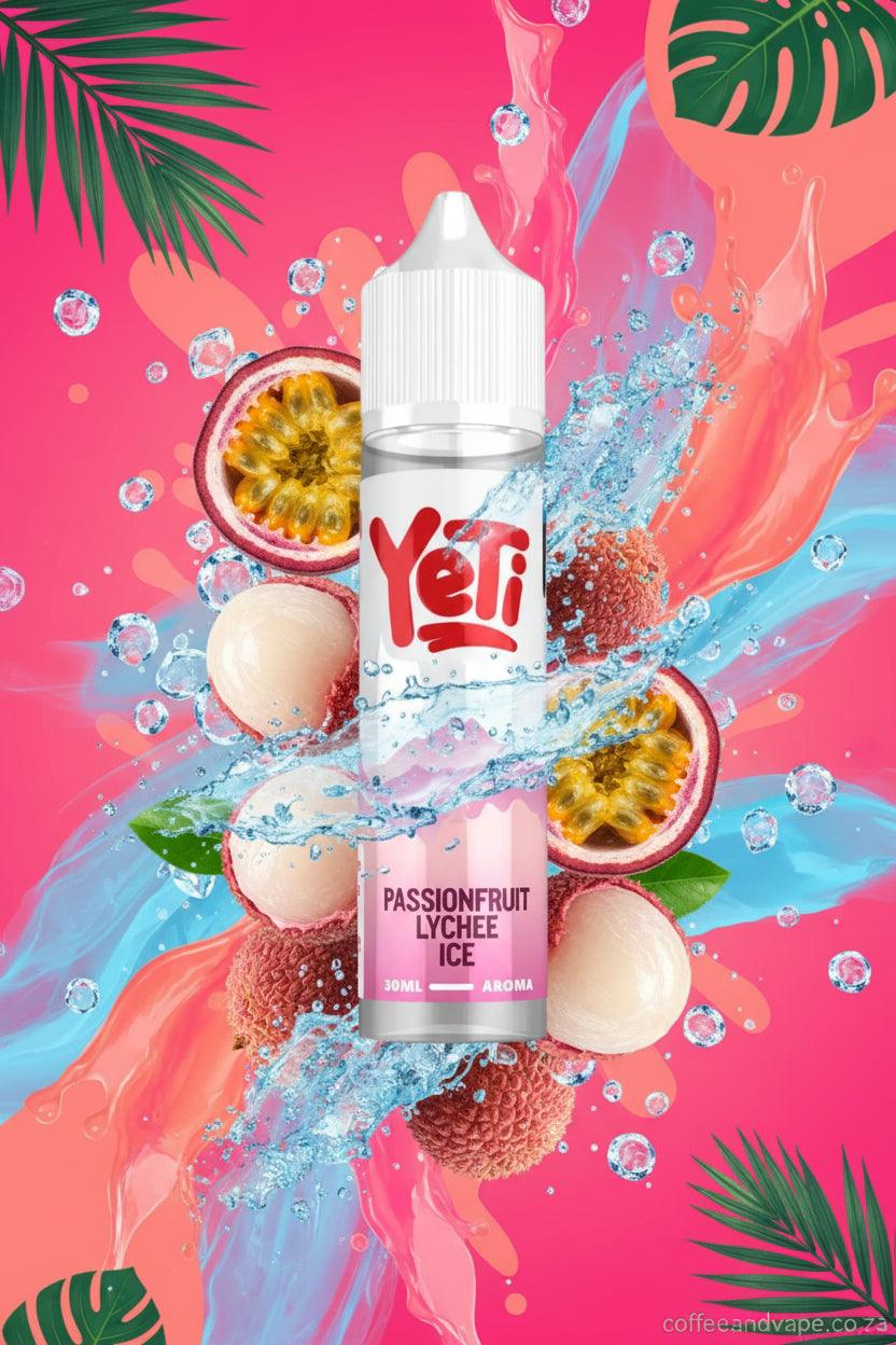 Yeti Passionfruit Lychee Ice vape juice bottle on a white background