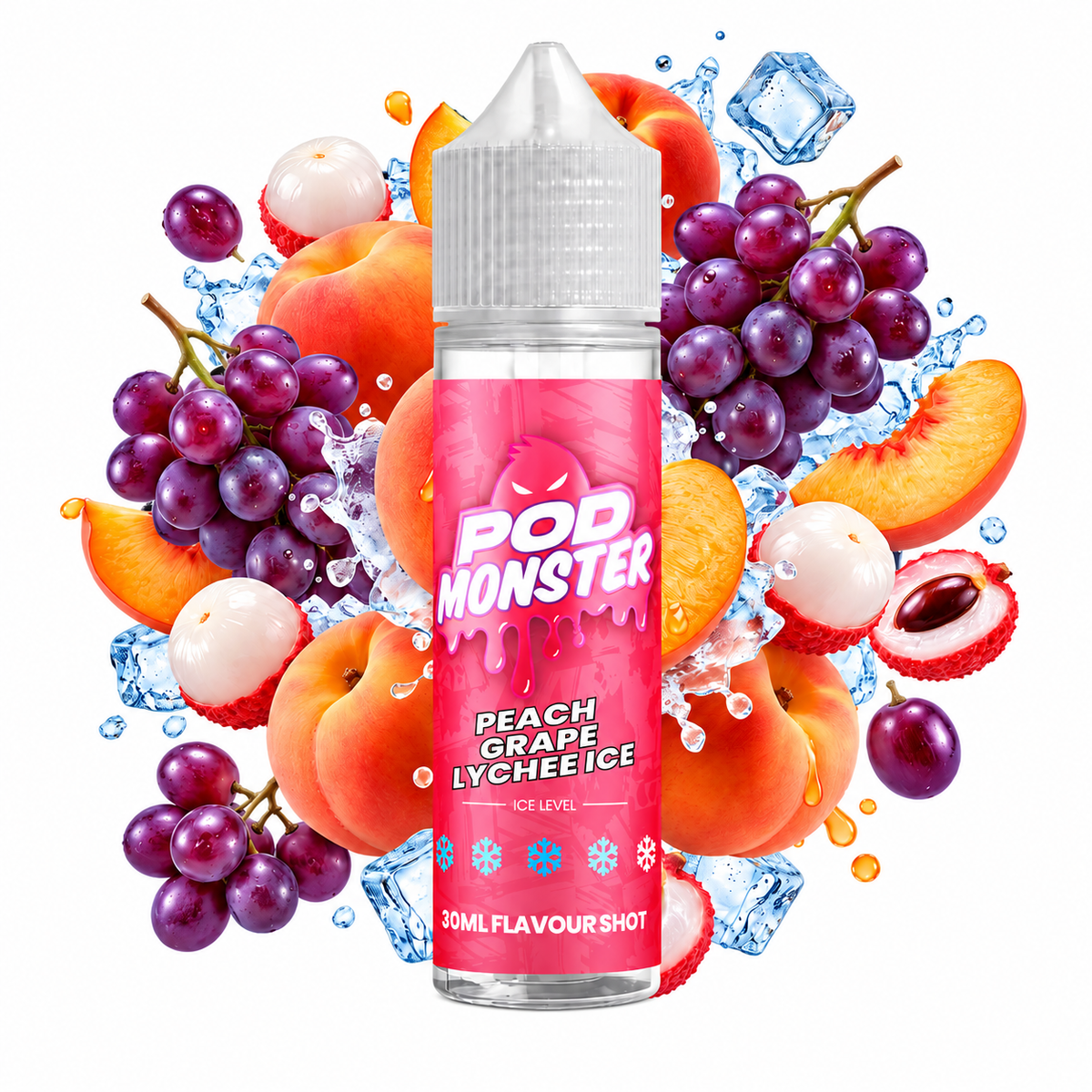 Pod Monster Peach Grape Lychee Ice 60ml longfill 30ml flavour shot