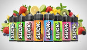 Row of Slick vape juice bottles in various flavors on a white background