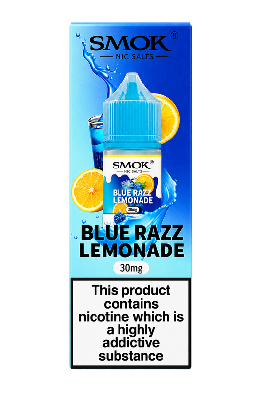 SMOK Nic Salts Blue Razz Lemonade 30mg e-liquid packaging box, featuring a blue and white design with lemon graphics and a prominent nicotine warning label at the bottom.