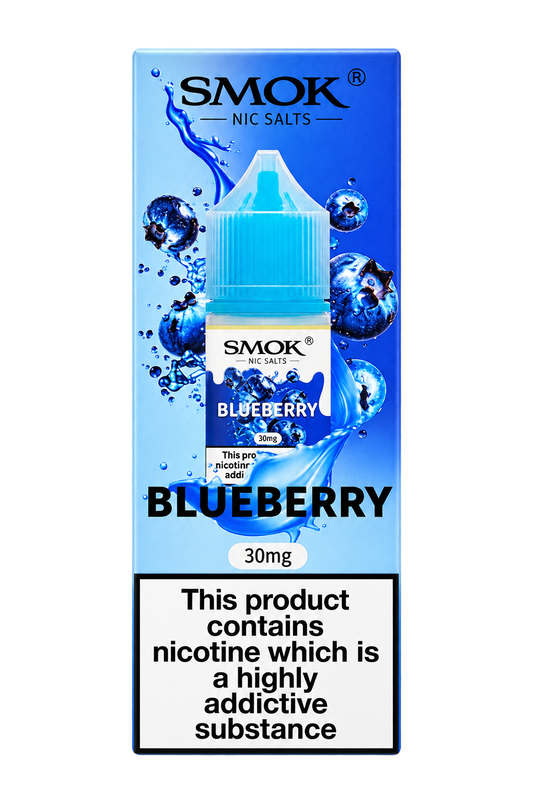 SMOK Nic Salts Blueberry 30mg e-liquid packaging box, featuring a blue and white design with blueberry graphics and a prominent nicotine warning label at the bottom.