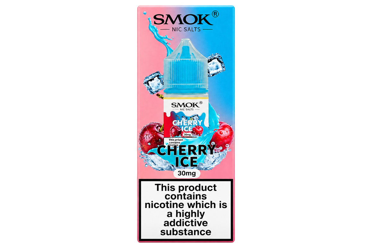 SMOK Nic Salts Cherry Ice e-liquid packaging, featuring a pink-to-blue gradient design with cherry graphics and a prominent white warning label at the bottom.