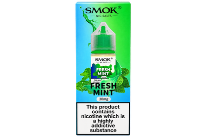 SMOK Fresh Mint Nic Salts 10ml e-liquid bottle packaging, featuring a green and blue design with a prominent white warning label at the bottom.