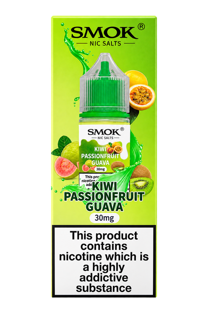 SMOK Nic Salts Kiwi Passionfruit Guava e-liquid box packaging, featuring a bright lime green design with illustrations of kiwi, passionfruit, and guava, and a prominent nicotine warning label at the bottom.
