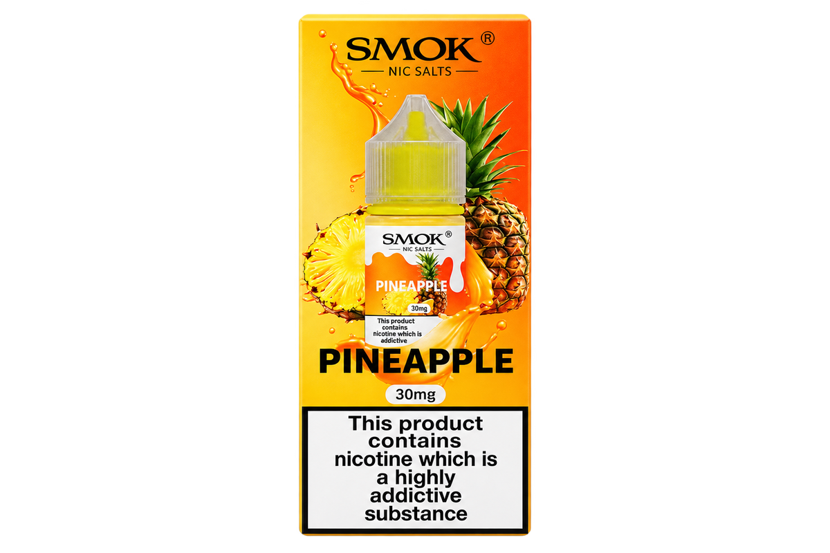 SMOK Nic Salts Pineapple e-liquid packaging, 30mg. The box features a vibrant yellow and orange gradient background with illustrations of pineapples and a pineapple slice, a graphic of the bottle with a yellow liquid, and a prominent white warning label at the bottom.