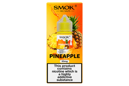 SMOK Nic Salts Pineapple e-liquid packaging, 30mg. The box features a vibrant yellow and orange gradient background with illustrations of pineapples and a pineapple slice, a graphic of the bottle with a yellow liquid, and a prominent white warning label at the bottom.