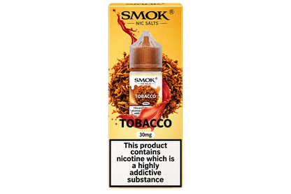 SMOK Nic Salts Tobacco 30mg e-liquid box packaging, featuring a yellow and orange design with a central bottle of e-liquid and a prominent nicotine warning label at the bottom.