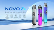SMOK Novo Pro Pod Kit vape devices in assorted colors displayed on blue gradient background