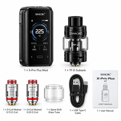 SMOK X-Priv Plus Kit contents with TF-D tank, D-Coils, glass and USB Type-C cable