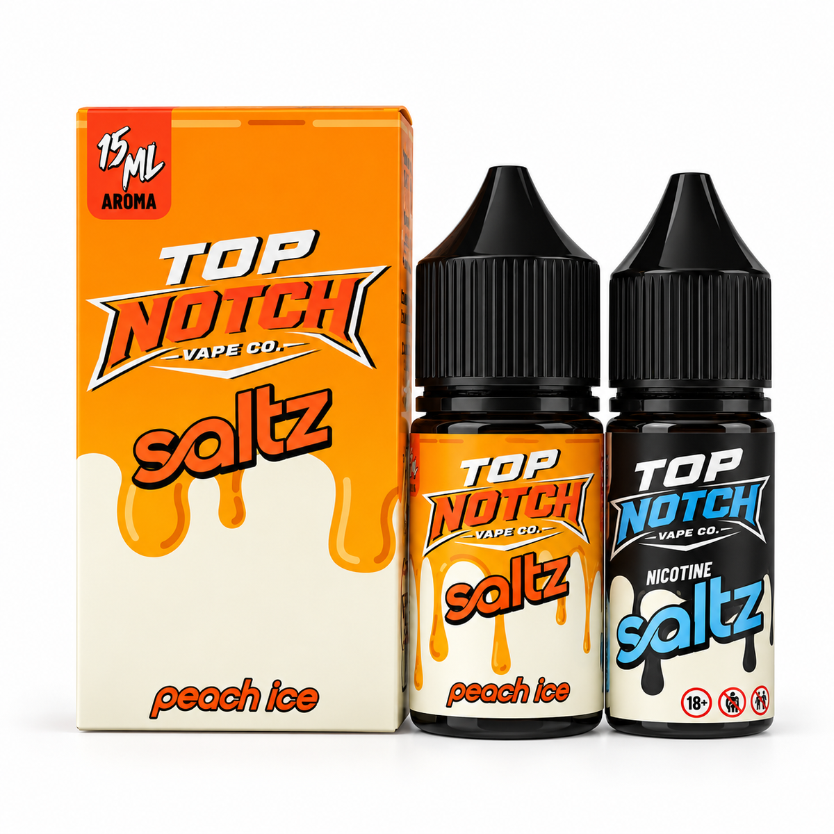 Top Notch Vape Co Saltz Peach Ice 30ml shortfill combo, 15ml flavour and 15ml nicotine shot