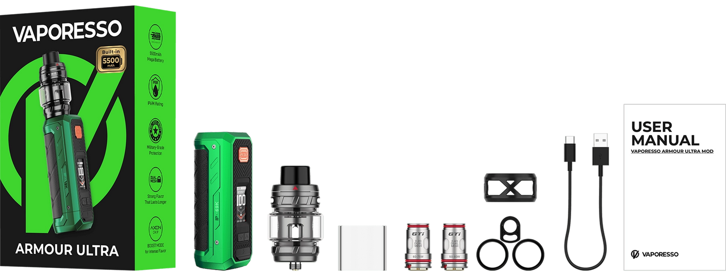 Vaporesso Armour Ultra Kit box contents with iTank T and GTi Dual Mesh coils