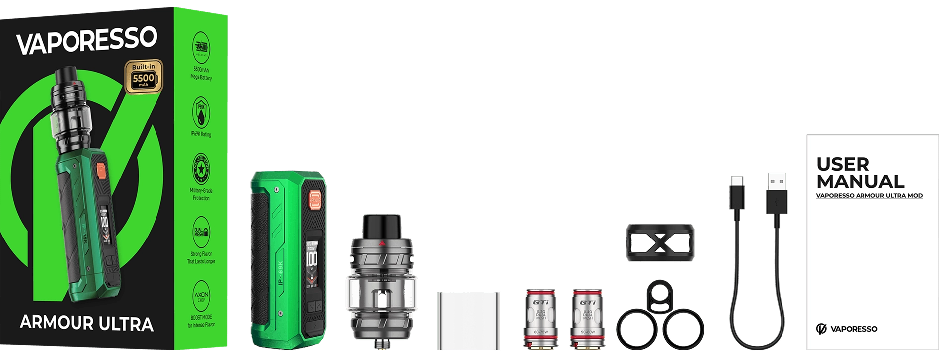 Vaporesso Armour Ultra Kit box contents with iTank T and GTi Dual Mesh coils