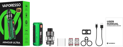 Vaporesso Armour Ultra Kit box contents with iTank T and GTi Dual Mesh coils