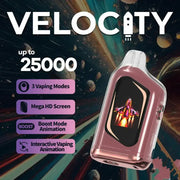 Velocity 25K Puffs disposable vape with digital screen and flavor control on dark promotional background