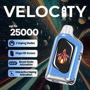 Velocity 25K Puffs disposable vape with electric blue mist and cool-toned background