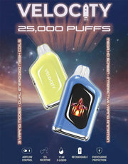 Velocity 25K Puffs disposable vapes in multiple colors displayed together with packaging