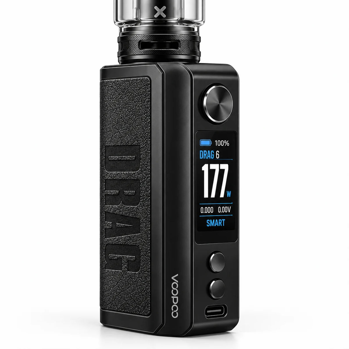 VOOPOO Drag 6 Kit controls display and USB-C charging port close-up