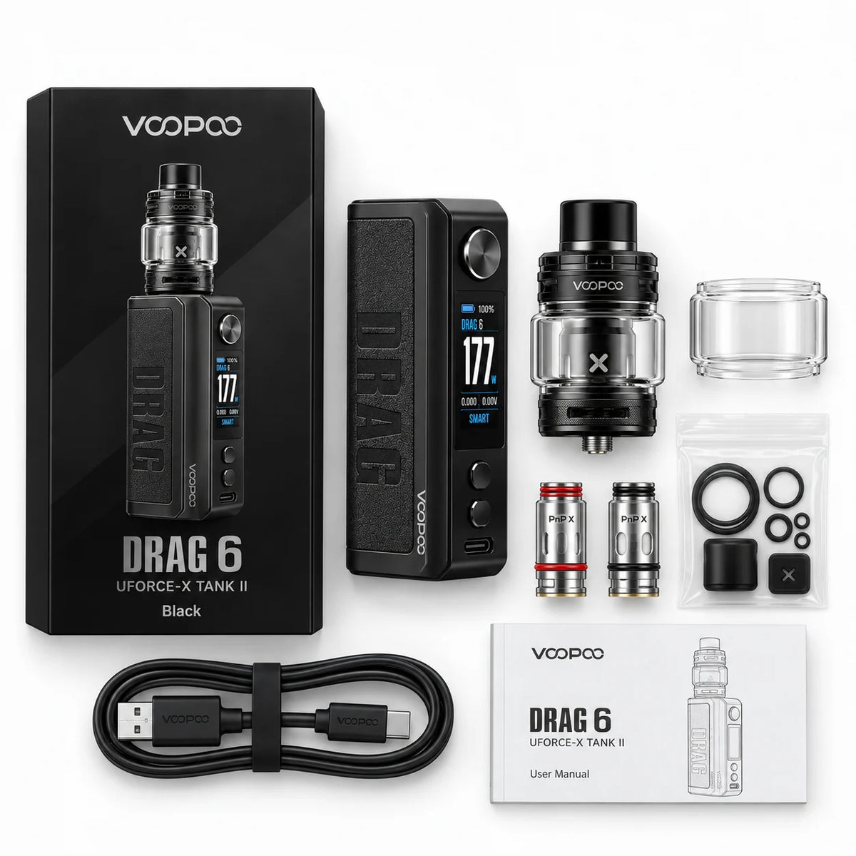 VOOPOO Drag 6 Kit contents with UFORCE-X Tank II PnP X coils spare glass cable and accessories