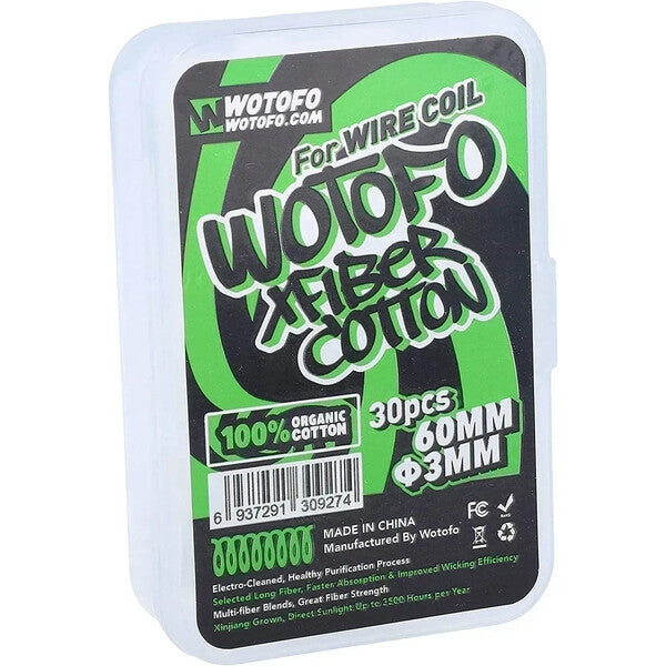 Wotofo XFiber 3mm organic cotton 30 pieces, 60mm pre-cut vape wicks in original case