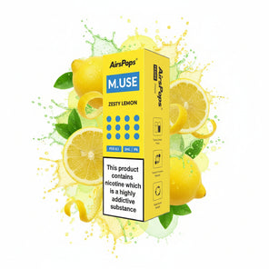 Yellow box of AirPops MUSE Zesty Lemon vape pods on a white background
