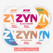 Close-up of ZYN Nicotine Pouches in colorful packaging from Coffee & Vape